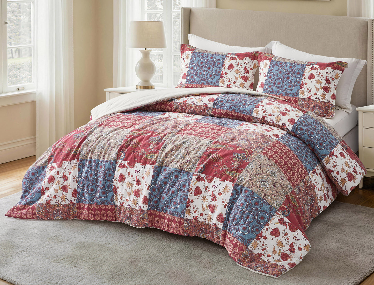 Rowan 2/3-Piece Washed Cotton Comforter Set, Printed Patchwork Vintage Floral Paisley Patterns Lightweight All-Season Bedding Set