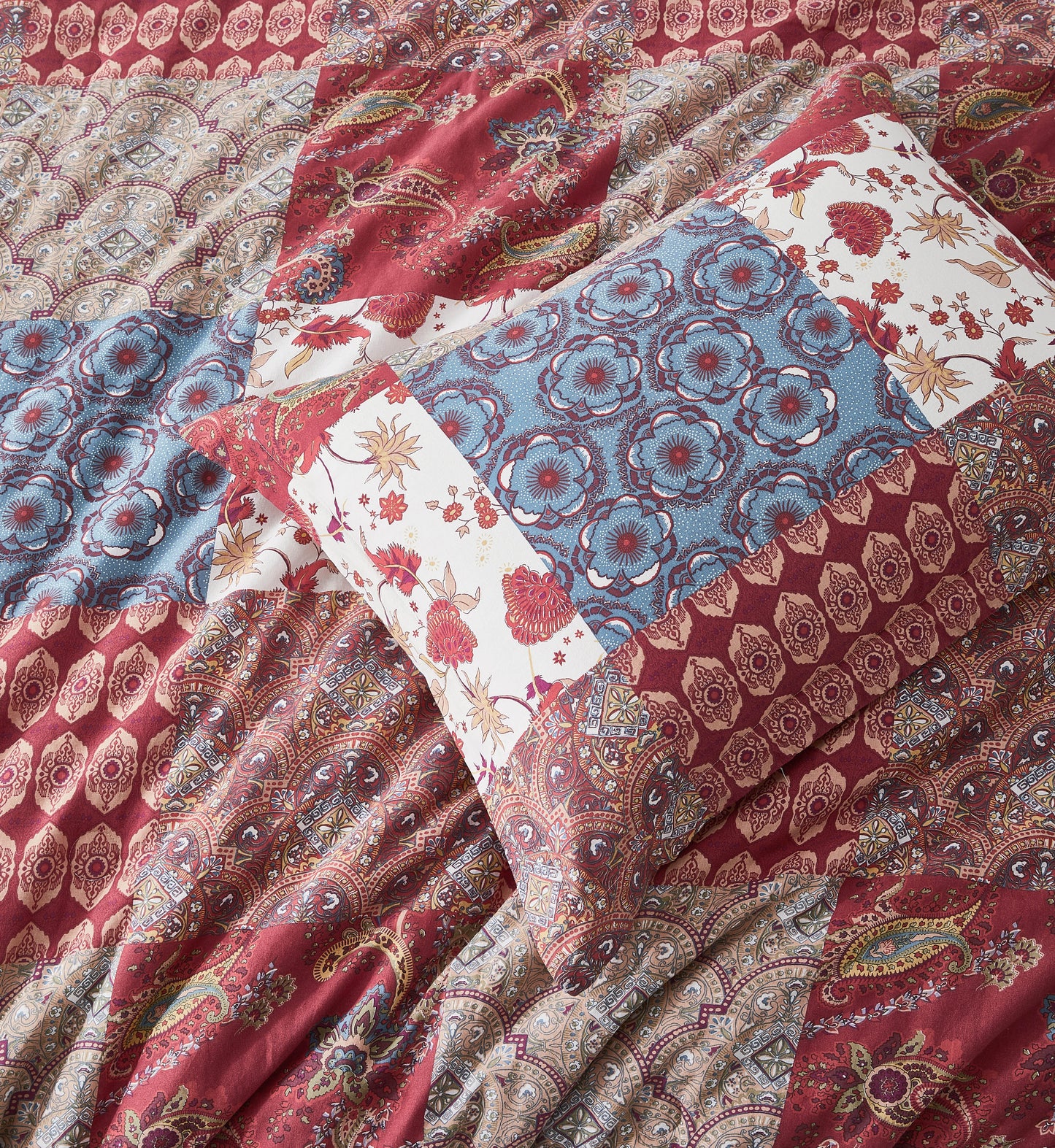 Rowan 2/3-Piece Washed Cotton Comforter Set, Printed Patchwork Vintage Floral Paisley Patterns Lightweight All-Season Bedding Set