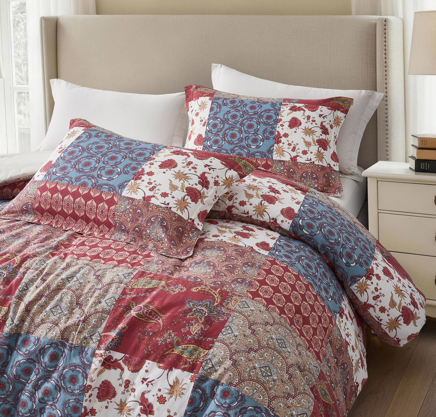 Rowan 2/3-Piece Washed Cotton Comforter Set, Printed Patchwork Vintage Floral Paisley Patterns Lightweight All-Season Bedding Set