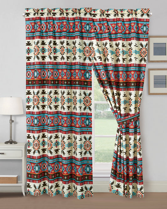 Sanse 4-Piece Southwestern Geometric Red Brown Blue Cream Printed Window Curtain Set with Sheer Backing