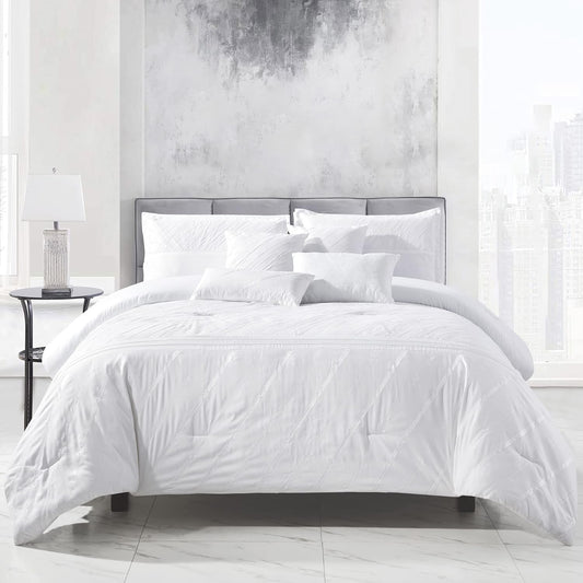 Sara 7-Piece White Textured Geometric Stripe Embroidered Lightweight Comforter Set