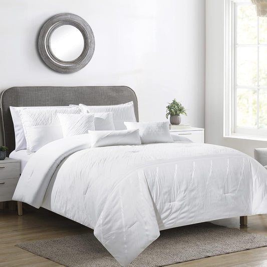 Sara 7-Piece White Textured Geometric Stripe Embroidered Lightweight Comforter Set