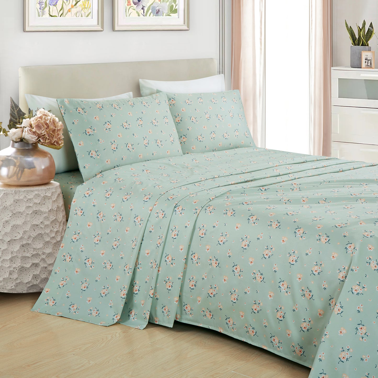 Printed Floral Microfiber Sheet Set with Deep Pocket