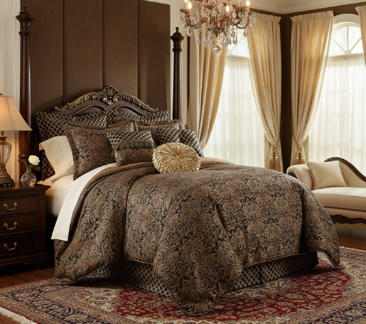 Valencia 9-Piece Black Gold Floral Jacquard Comforter Set
