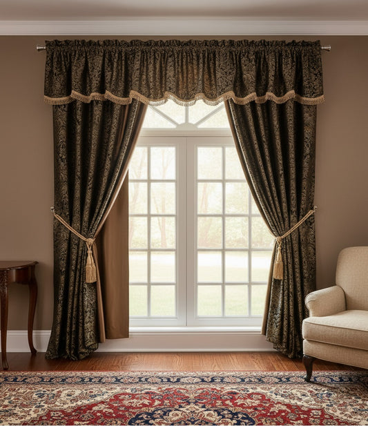 Valencia 4-Piece Black Gold Floral Jacquard Window Curtain Set with Attached Valance Sheer Backing