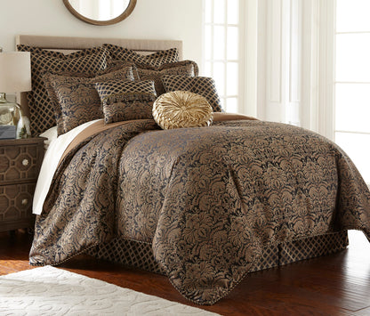 Valencia 9-Piece Black Gold Floral Jacquard Comforter Set