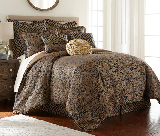 Valencia 9-Piece Black Gold Floral Jacquard Comforter Set