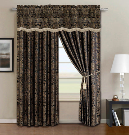 Valencia 4-Piece Black Gold Floral Jacquard Window Curtain Set with Attached Valance Sheer Backing