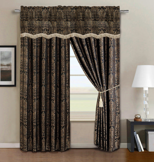 Valencia 4-Piece Black Gold Floral Jacquard Window Curtain Set with Attached Valance Sheer Backing