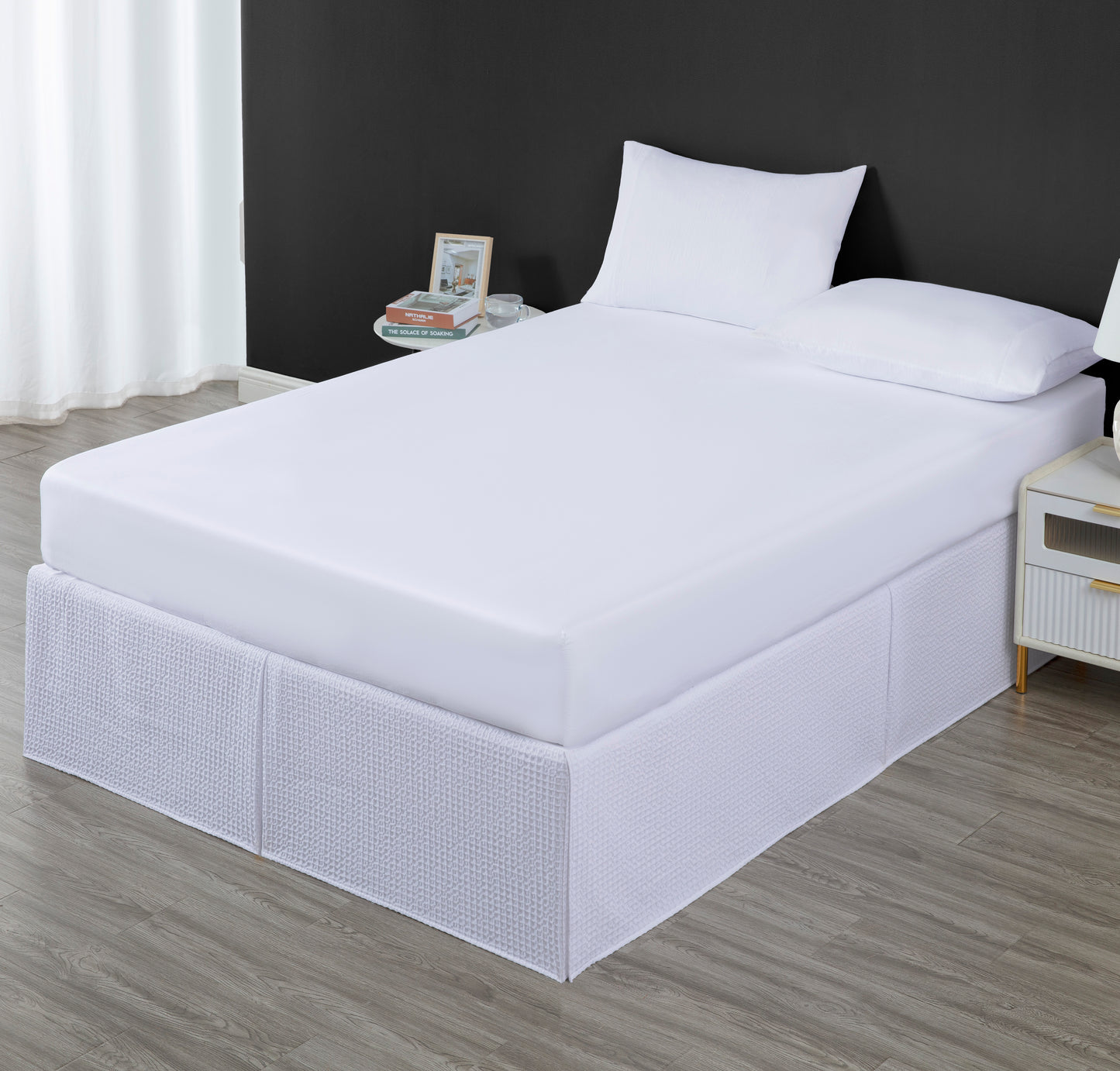 Pleated Waffle Weave Bed Skirt, Tailored Dust Ruffle Easy Fit Bed Skirt