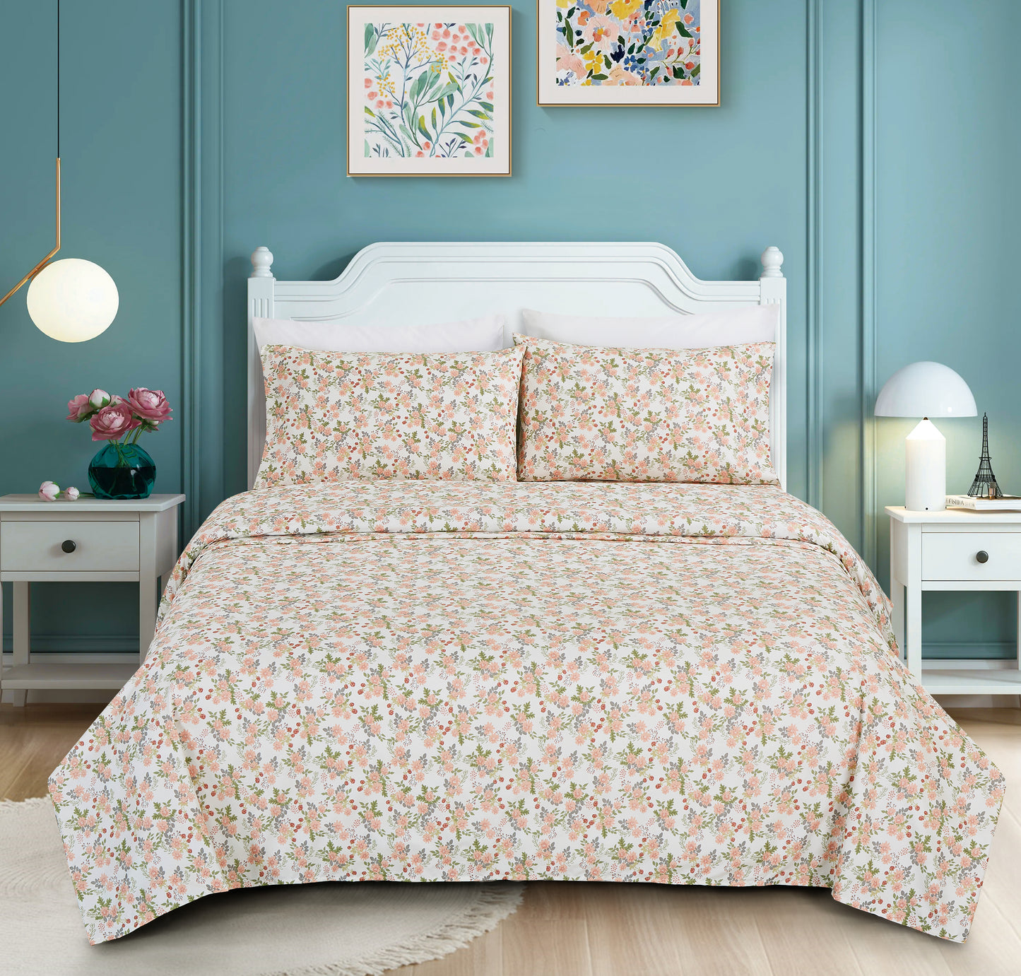 Printed Floral Microfiber Sheet Set with Deep Pocket