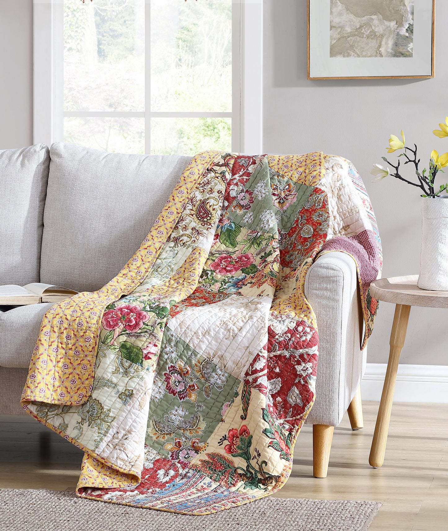 100% Washed Cotton Quilted Patchwork Reversible Throw Blanket