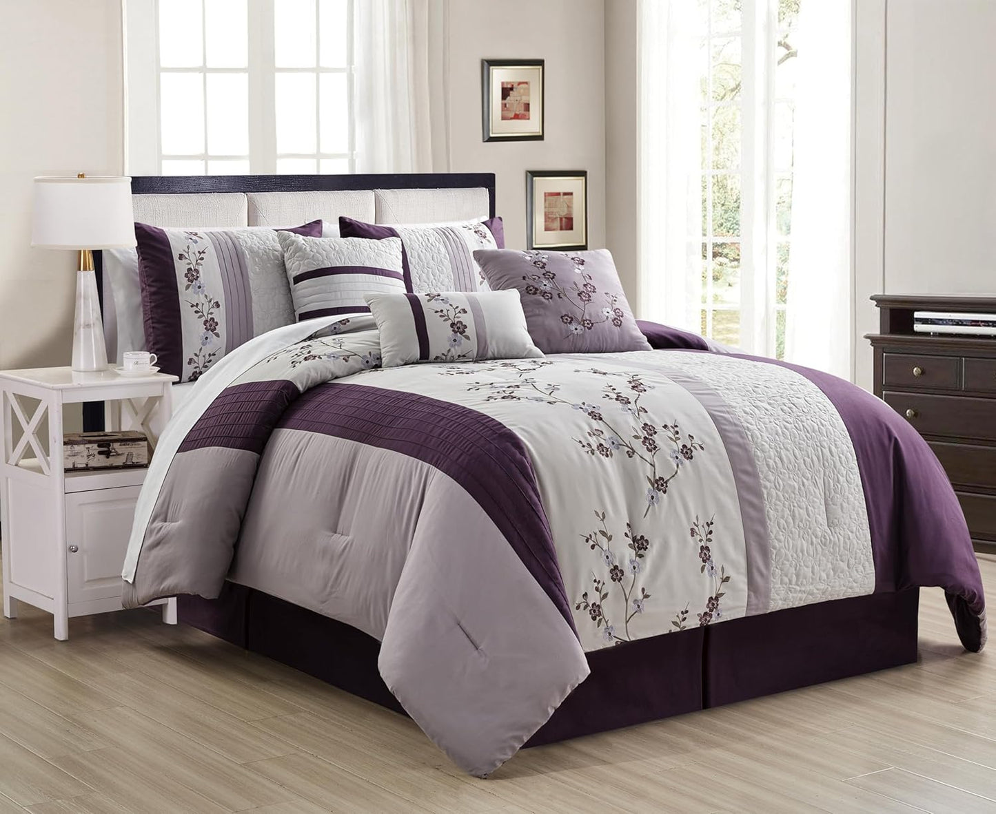 Linnea 7-Piece Cherry Blossom Floral Embroidery Comforter Set