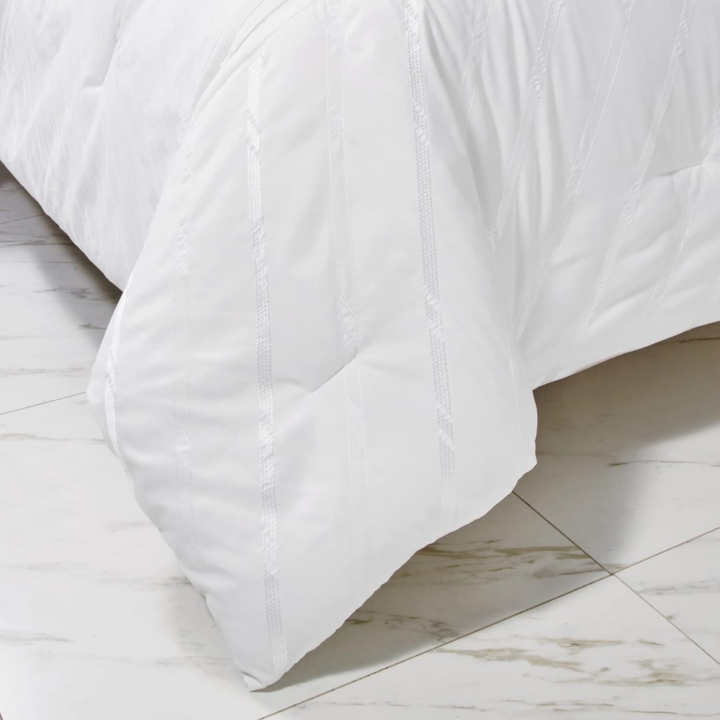 Sara 7-Piece White Textured Geometric Stripe Embroidered Lightweight Comforter Set