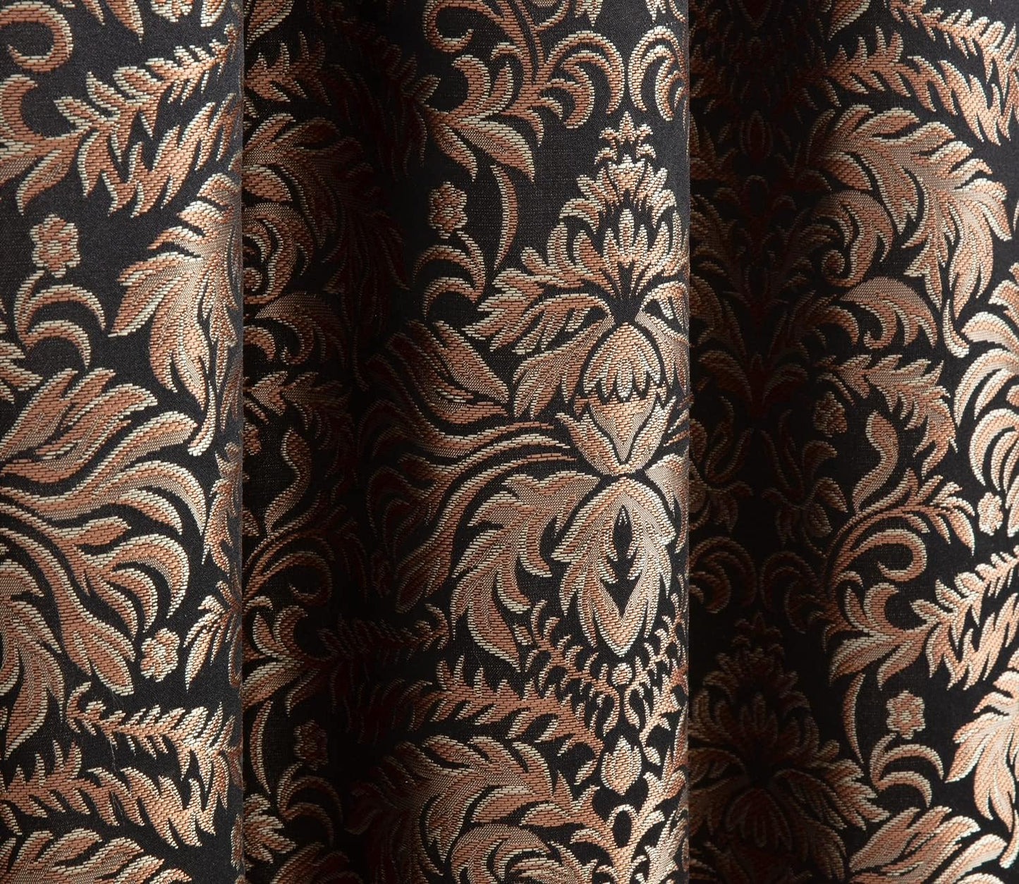 Valencia 4-Piece Black Gold Floral Jacquard Window Curtain Set with Attached Valance Sheer Backing