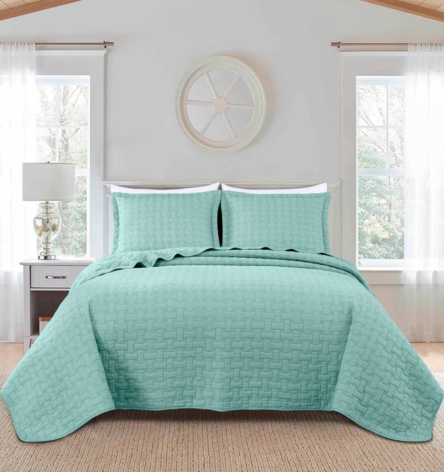 Vert 3-Piece Basketweave Stitch Pre-Washed Cotton Quilt Set