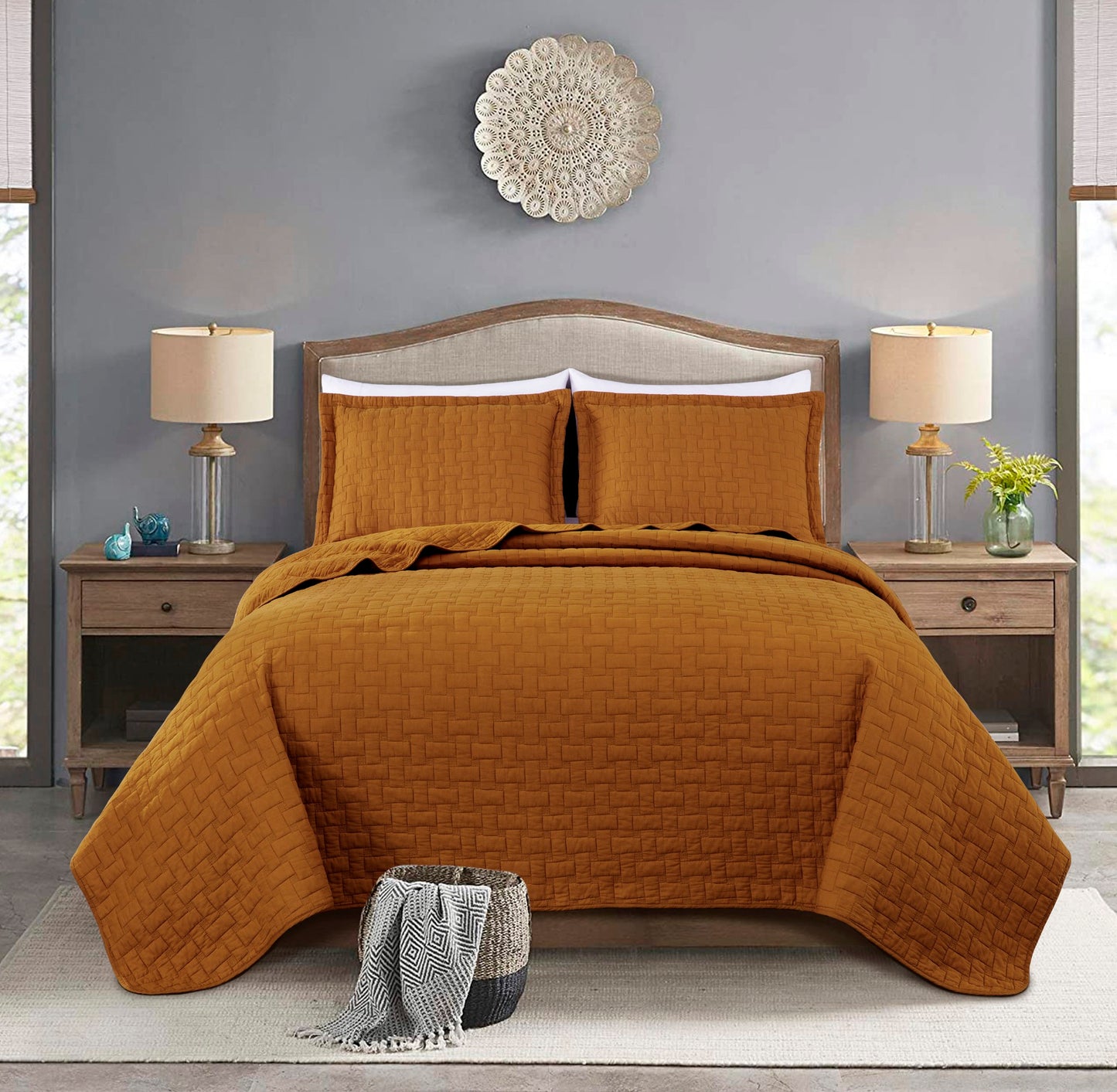 Vert 3-Piece Basketweave Stitch Pre-Washed Cotton Quilt Set