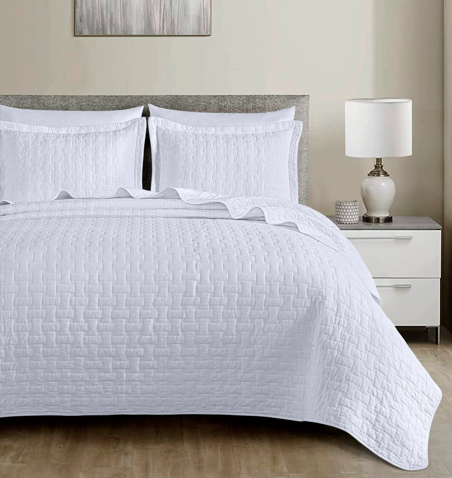 Vert 3-Piece Basketweave Stitch Pre-Washed Cotton Quilt Set