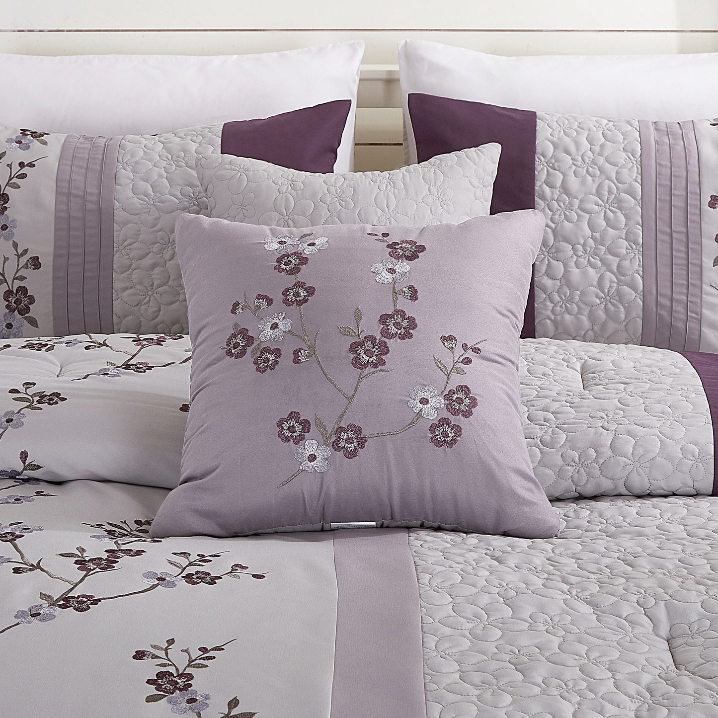 Linnea 7-Piece Cherry Blossom Floral Embroidery Comforter Set