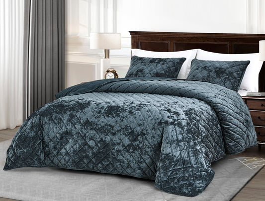 Lux Diamond Stitched Distressed Velvet Quilt Set