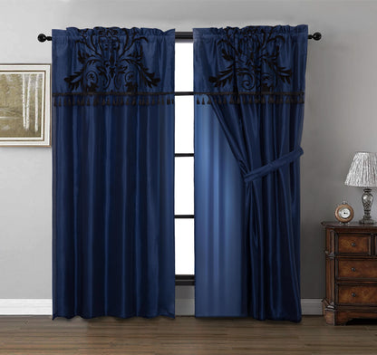 Nobility 4-Piece Faux Silk Flocked Floral Window Curtain Set