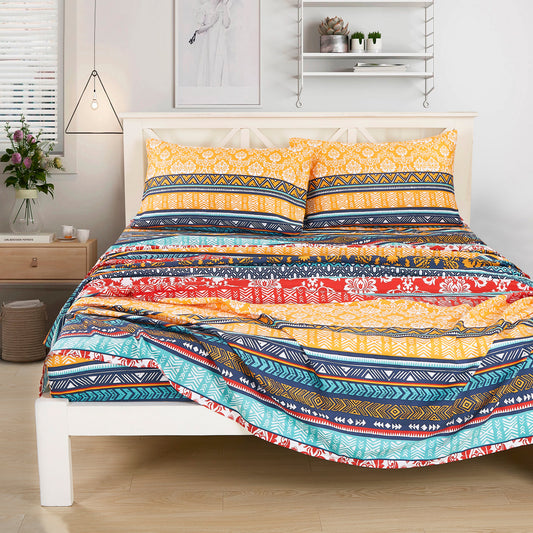 Amara Boho Floral Stripe Printed Microfiber Bed Sheet Set
