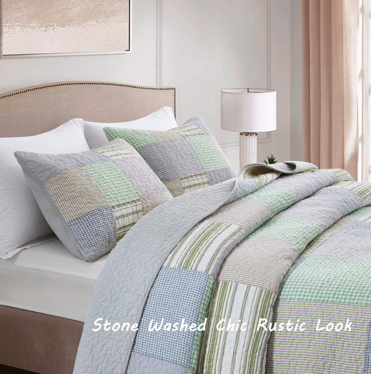 Bellamy Boho Chic Plaid Striped Cotton Patchwork Reversible Quilt Set