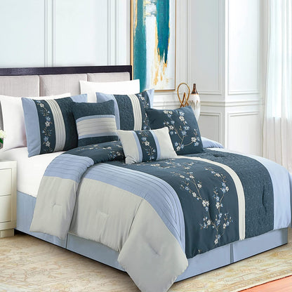 Linnea 7-Piece Cherry Blossom Floral Embroidery Comforter Set