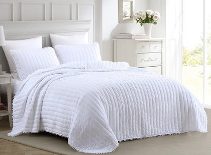 Iris 3-Piece Pom Pom Ball Fringe Quilted Coverlet Set