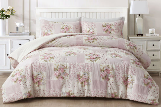 Rosy Floral Print Patchwork Cotton Lightweight Comforter Set