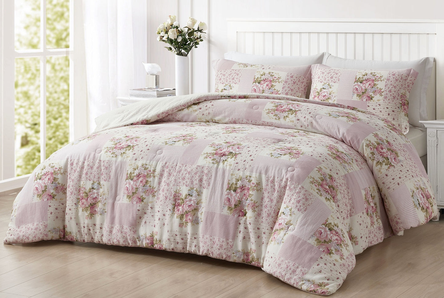 Rosy Floral Print Patchwork Cotton Lightweight Comforter Set