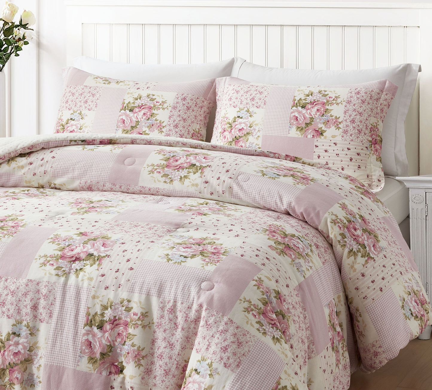 Rosy Floral Print Patchwork Cotton Lightweight Comforter Set