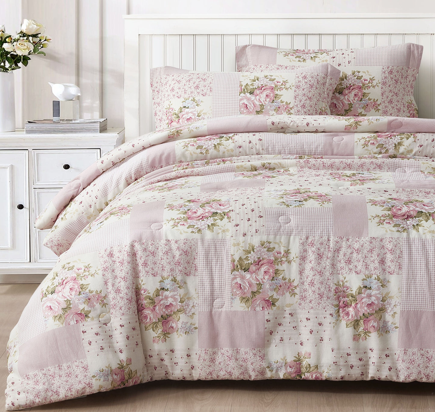 Rosy Floral Print Patchwork Cotton Lightweight Comforter Set