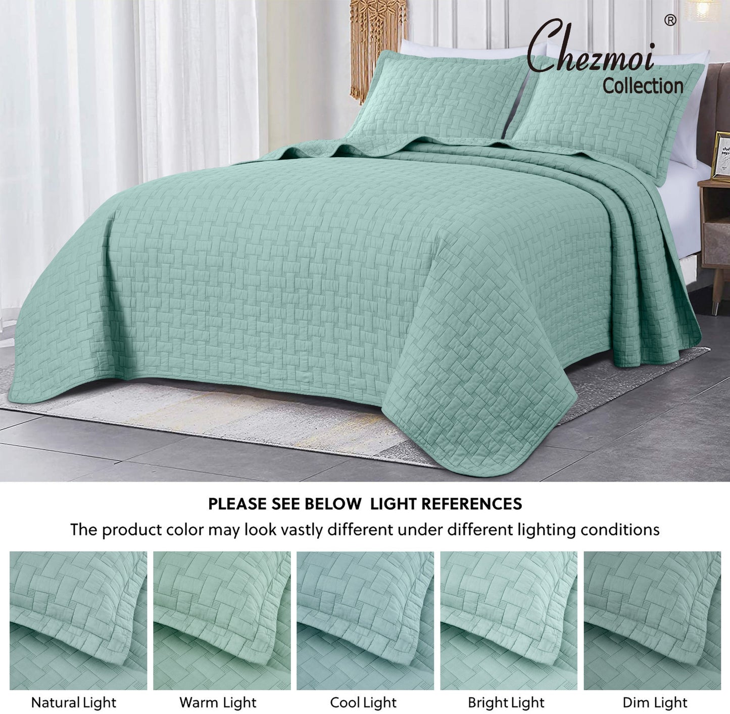 Vert 3-Piece Basketweave Stitch Pre-Washed Cotton Quilt Set